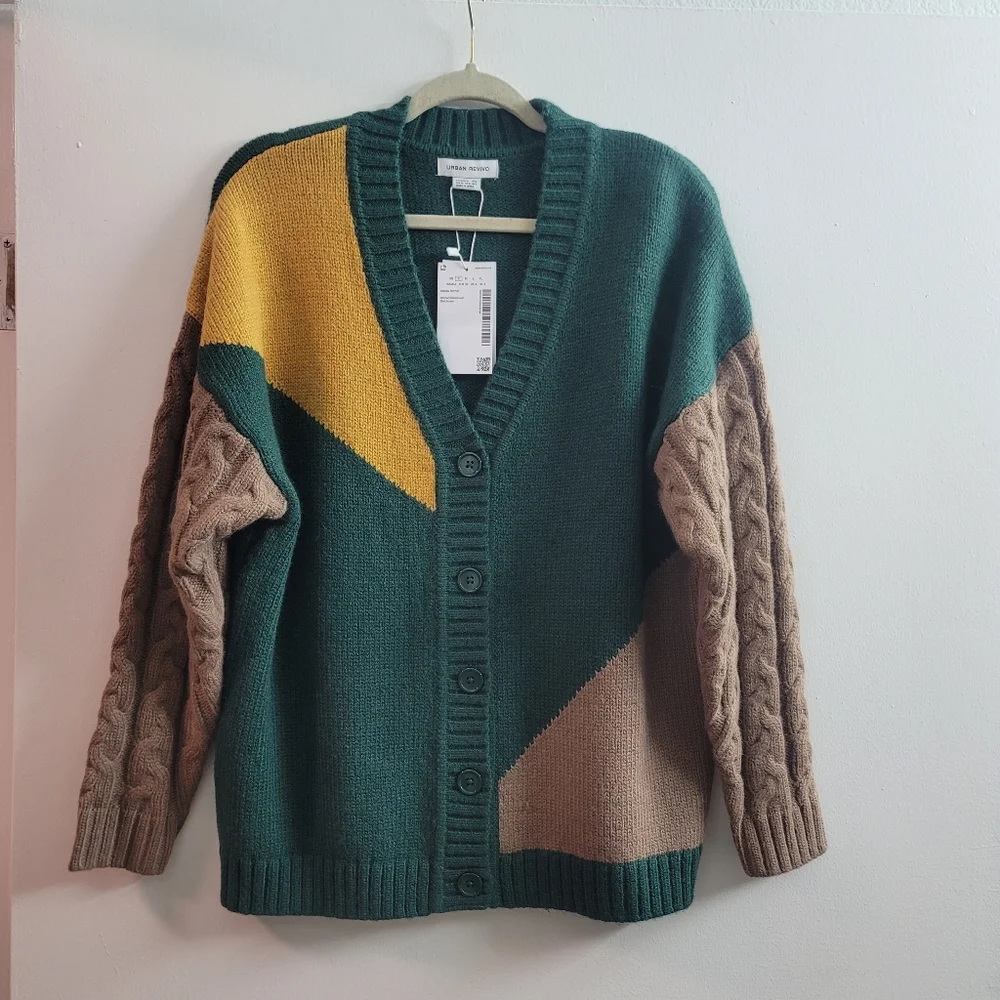 NWT Urban Revivo Colorblock Cable Knit Button Down Oversized Cardigan - Picture 5 of 11